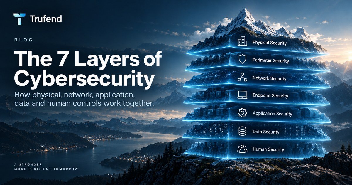 The 7 layers of cybersecurity shown as a layered defence diagram rising from a mountain peak at dusk: seven glowing tiers labelled physical security, perimeter security, network security, endpoint security, application security, data security and human security, each tier carrying an icon for what it protects, from the building at the top to the people at the base.