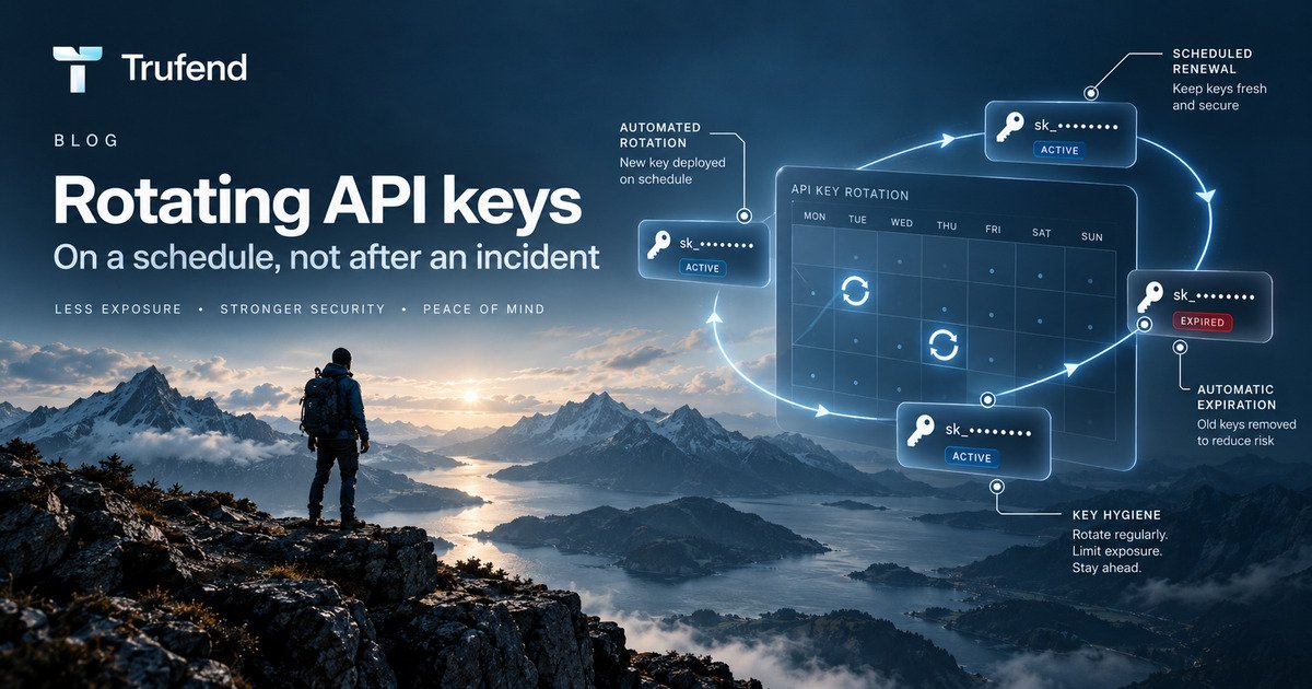 API key rotation illustration: a weekly calendar with keys cycling through scheduled renewal, automated deployment of a new key, and automatic expiry of the old one, labelled to show rotation as a routine rather than an incident response.