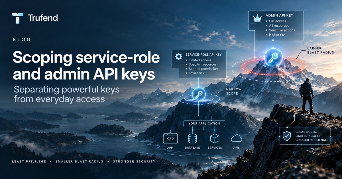 API key scope illustration: a narrowly scoped service-role key with limited access to specific resources beside an admin key with full access to every resource, the admin key ringed by a visibly larger blast radius, above an application connected to its database, services and APIs.