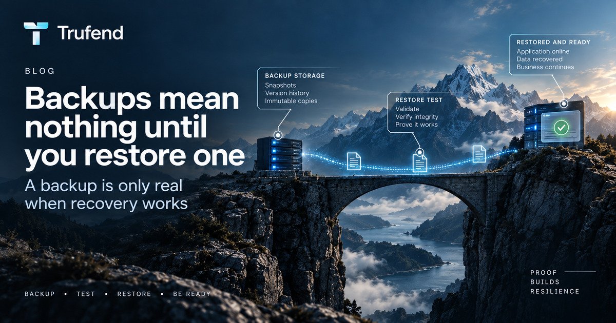 Restore testing illustration: data crossing a bridge from backup storage through a restore test that validates and verifies integrity, arriving at a restored and ready application with its data recovered.