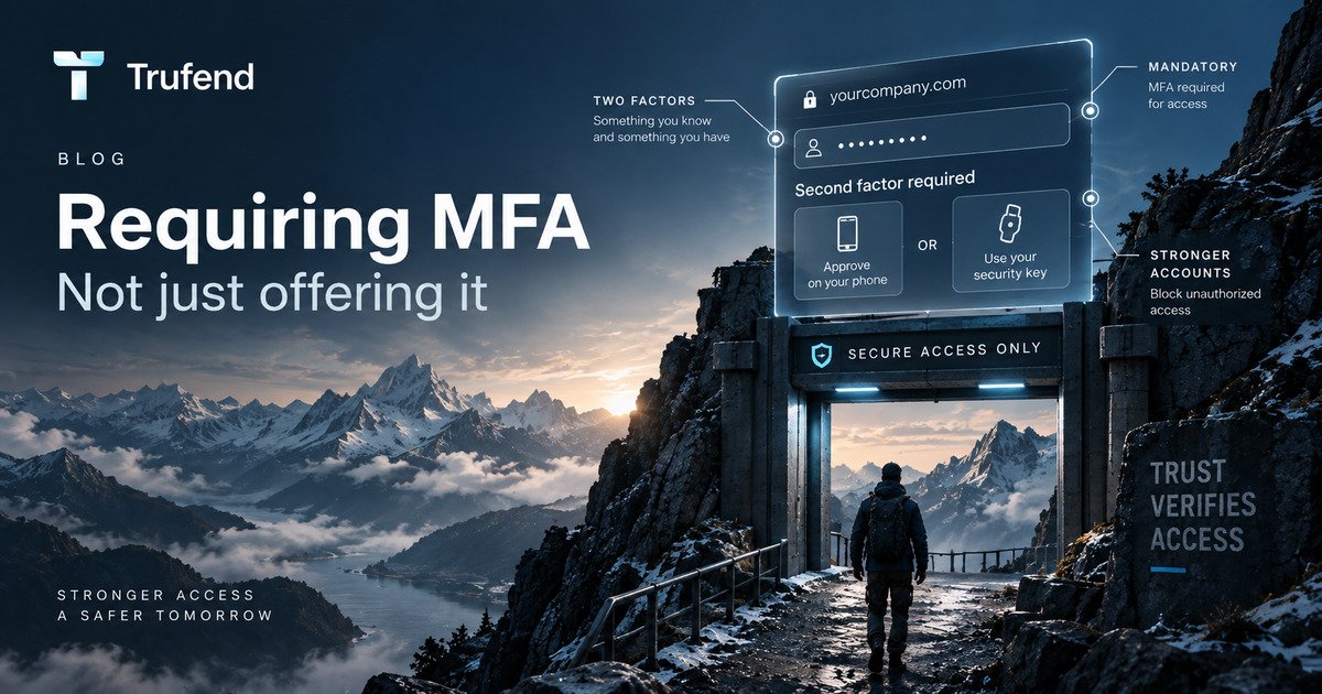 Multi-factor authentication illustration: a sign-in screen above a gate marked secure access only, requiring a second factor by phone approval or security key, labelled to show MFA as mandatory rather than optional.