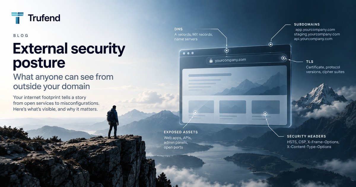 External security posture illustration: a browser window showing a company domain, with callouts for DNS records, public subdomains, TLS certificate and protocol versions, exposed assets such as APIs and admin panels, and HTTP security headers.