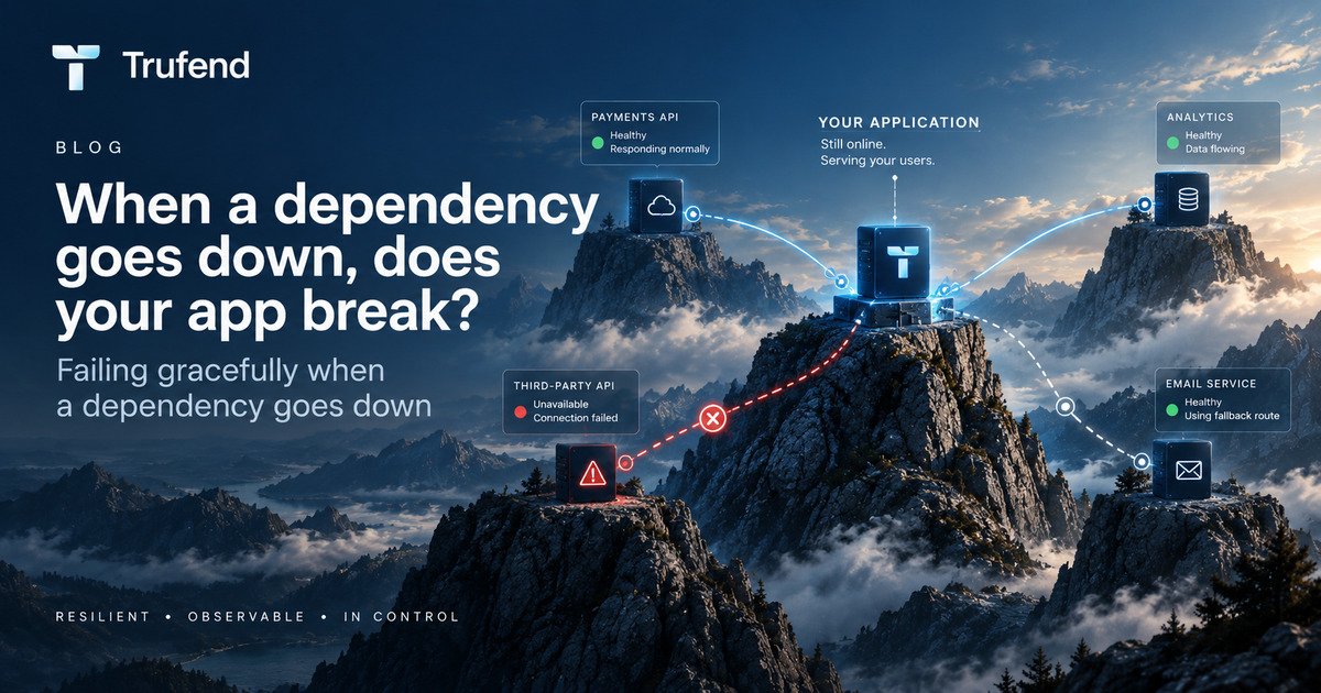 Graceful degradation illustration: an application on a mountain peak still online and serving users while one third-party API is marked unavailable and the payments, analytics and email services around it stay healthy, one of them on a fallback route.