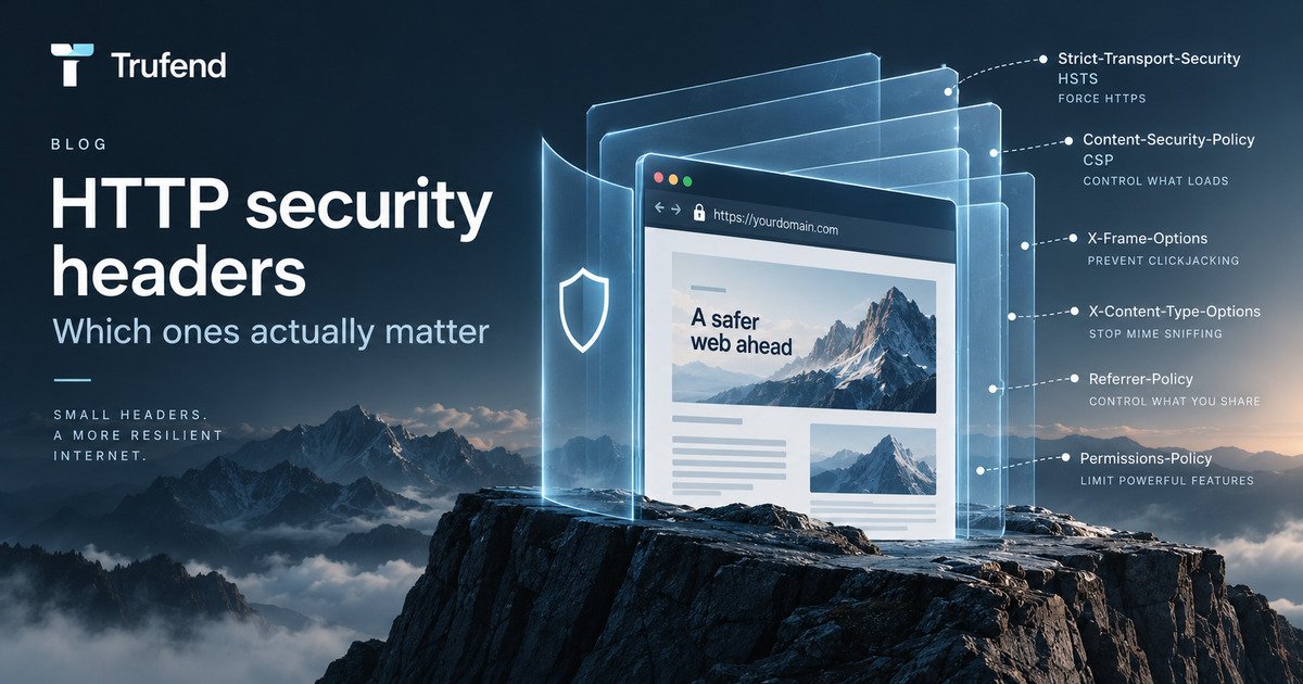 HTTP security headers illustration: layered translucent panels in front of a browser window, each labelled with a header and what it does, covering Strict-Transport-Security, Content-Security-Policy, X-Frame-Options, X-Content-Type-Options, Referrer-Policy and Permissions-Policy.
