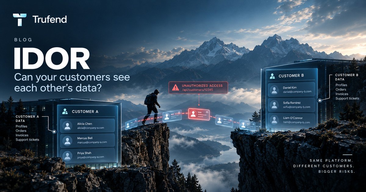 IDOR illustration: two customer accounts on opposite cliff tops, each holding its own profiles, orders, invoices and support tickets, with a request to another customer's record ID crossing between them and flagged as unauthorised access.