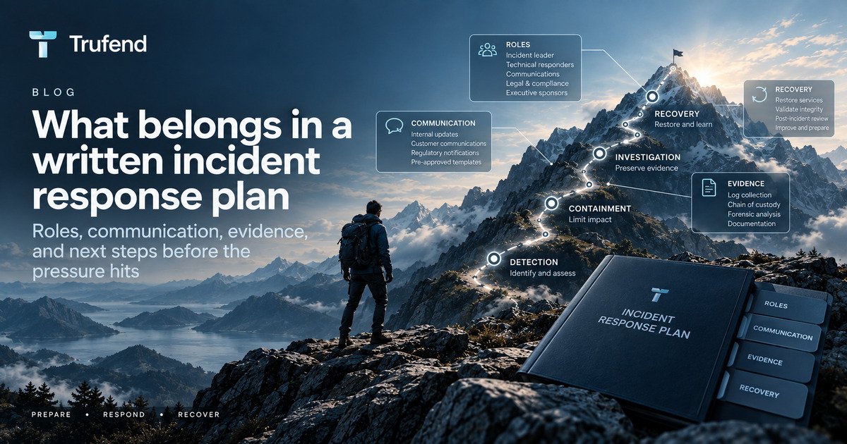 Incident response plan illustration: a path from detection through containment, investigation and recovery, with panels describing the roles involved, the communications required, and the evidence to preserve at each stage.
