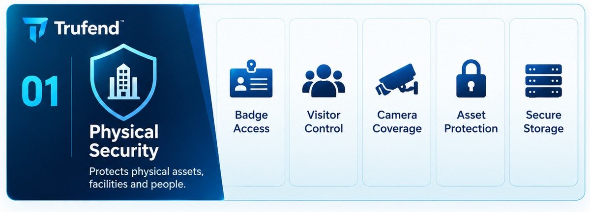 Layer 1 of the 7 layers of cybersecurity, physical security: a shield icon holding a building, beside five control tiles for badge access, visitor control, camera coverage, asset protection and secure storage, under the line that this layer protects physical assets, facilities and people.