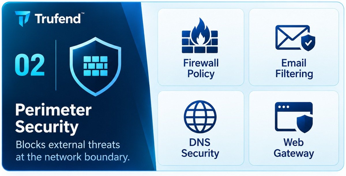 Layer 2 of the 7 layers of cybersecurity, perimeter security: a shield icon holding a brick wall, beside four control tiles for firewall policy, email filtering, DNS security and web gateway, under the line that this layer blocks external threats at the network boundary.