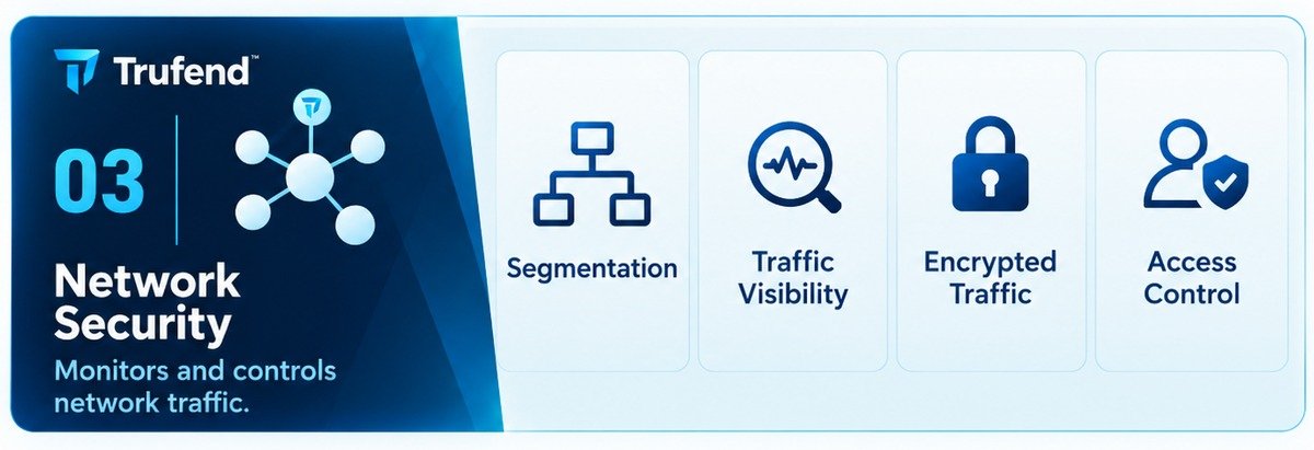 Layer 3 of the 7 layers of cybersecurity, network security: a connected node diagram, beside four control tiles for segmentation, traffic visibility, encrypted traffic and access control, under the line that this layer monitors and controls network traffic.