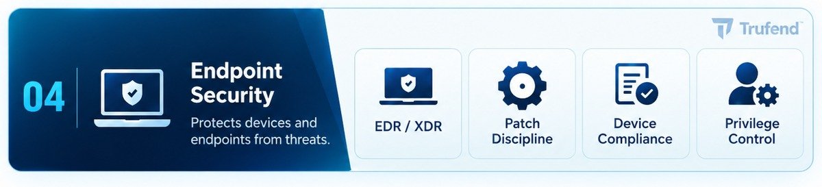 Layer 4 of the 7 layers of cybersecurity, endpoint security: a laptop carrying a shield, beside four control tiles for EDR and XDR, patch discipline, device compliance and privilege control, under the line that this layer protects devices and endpoints from threats.