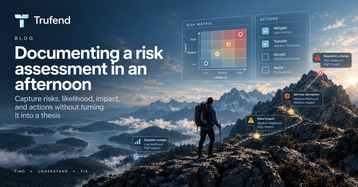 Risk assessment illustration: a likelihood and impact matrix beside a list of treatment options covering mitigate, transfer, accept and avoid, with example risks including a data breach, a supplier outage, a service disruption and a regulatory change plotted by their likelihood and impact.