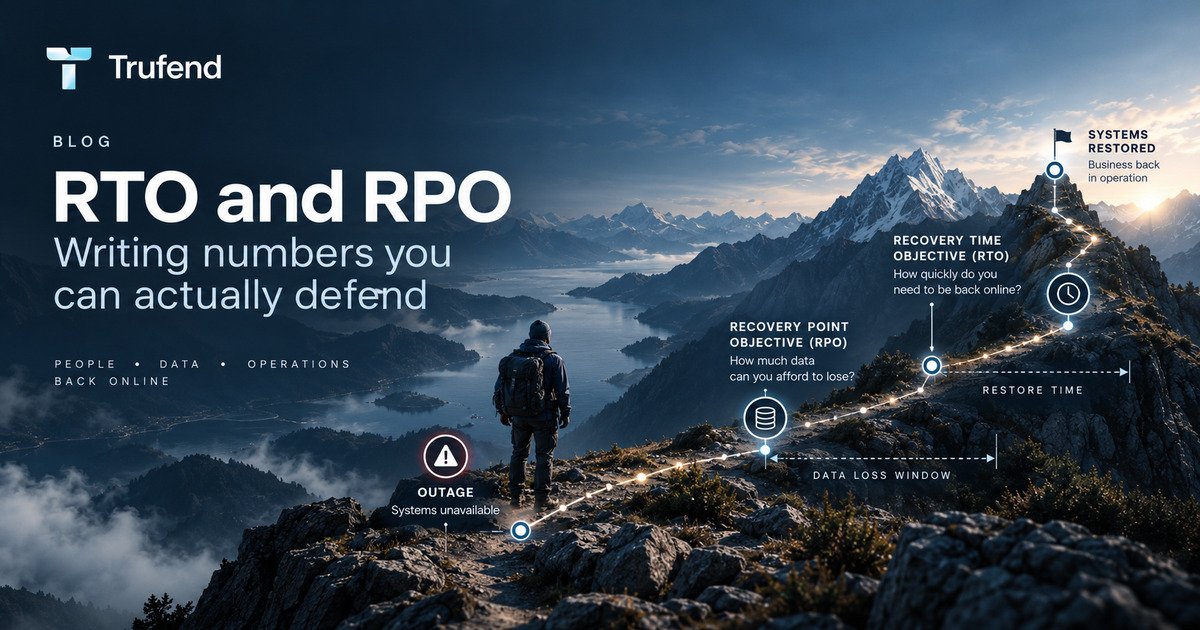 RTO and RPO illustration: a timeline along a mountain ridge from an outage, through the data loss window that the recovery point objective measures, to the restore time that the recovery time objective measures, ending at systems restored.