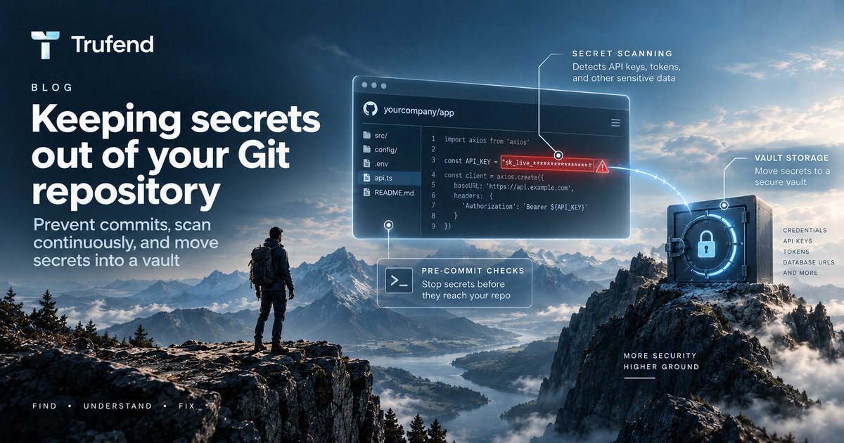 Secrets in source control illustration: a code editor showing a live API key highlighted in a config file, with pre-commit checks stopping secrets before they reach the repository, secret scanning detecting keys and tokens, and the credentials moving into a secure vault.