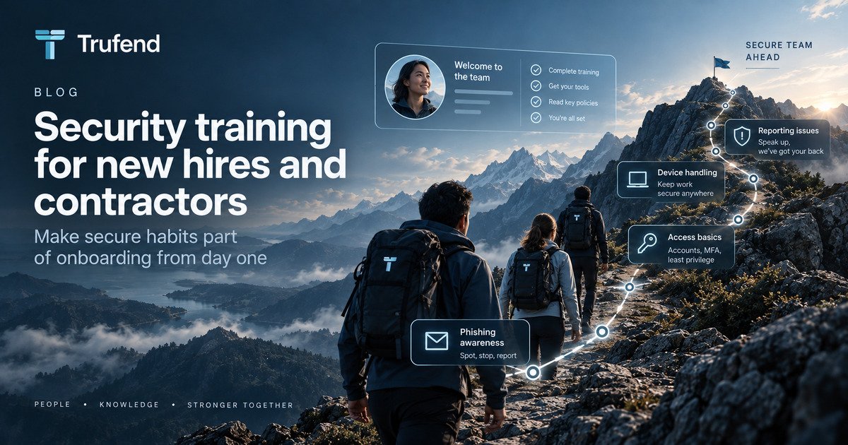 Security training illustration: new joiners walking a path marked with the topics onboarding should cover, including phishing awareness, access basics such as accounts and least privilege, device handling, and how to report a problem, beside a welcome checklist.