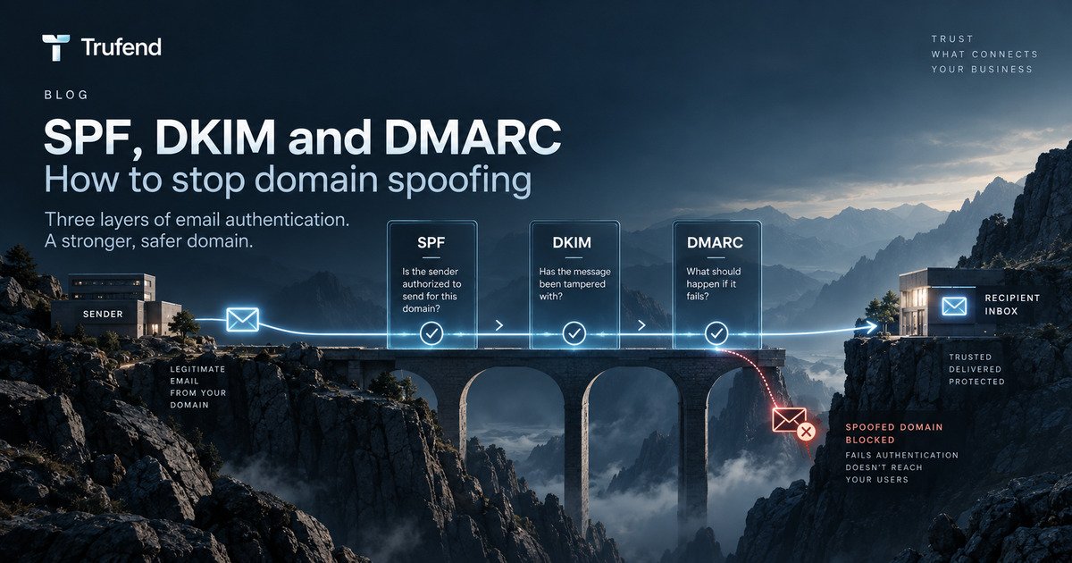 SPF, DKIM and DMARC illustration: a legitimate email crossing a bridge through three authentication gates that ask whether the sender is authorised, whether the message was tampered with, and what to do on failure, while a spoofed message fails and is blocked before the recipient inbox.