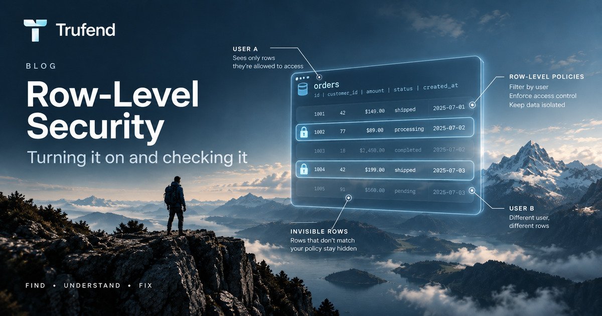 Row-Level Security illustration: a database table of orders where some rows are visible and others are locked and greyed out, labelled to show that each user sees only the rows their policy allows and that rows failing the policy stay hidden.