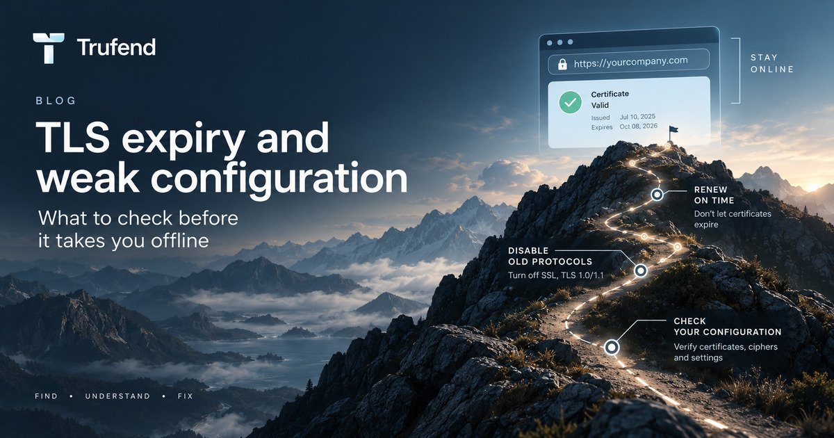 TLS certificate illustration: a mountain path marked with three waypoints for checking your configuration, disabling old protocols such as SSL and TLS 1.0 and 1.1, and renewing on time, above a panel showing a valid certificate with its issue and expiry dates.