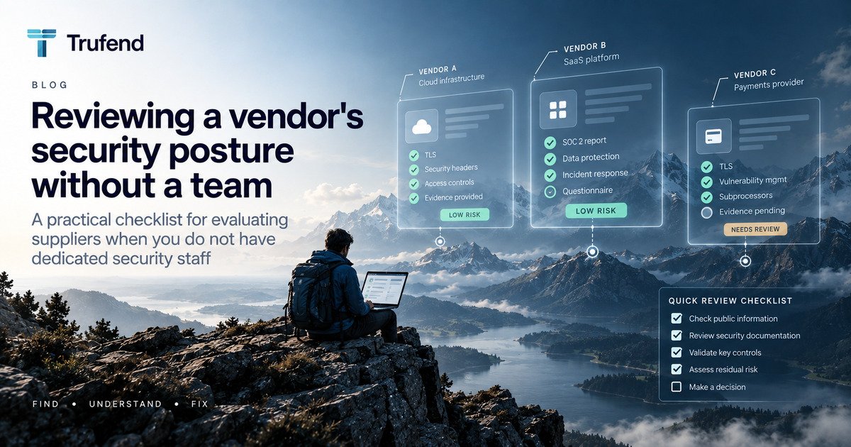 Vendor security review illustration: three vendor cards showing what evidence each has provided across TLS, security headers, access controls, a SOC 2 report, subprocessors and vulnerability management, two rated low risk and one still needing review, beside a short review checklist.