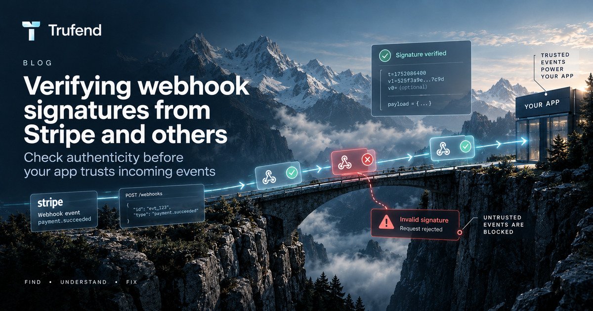 Webhook signature illustration: signed events crossing a bridge into an application after their signature is verified, while an event with an invalid signature is rejected and blocked before reaching the app.
